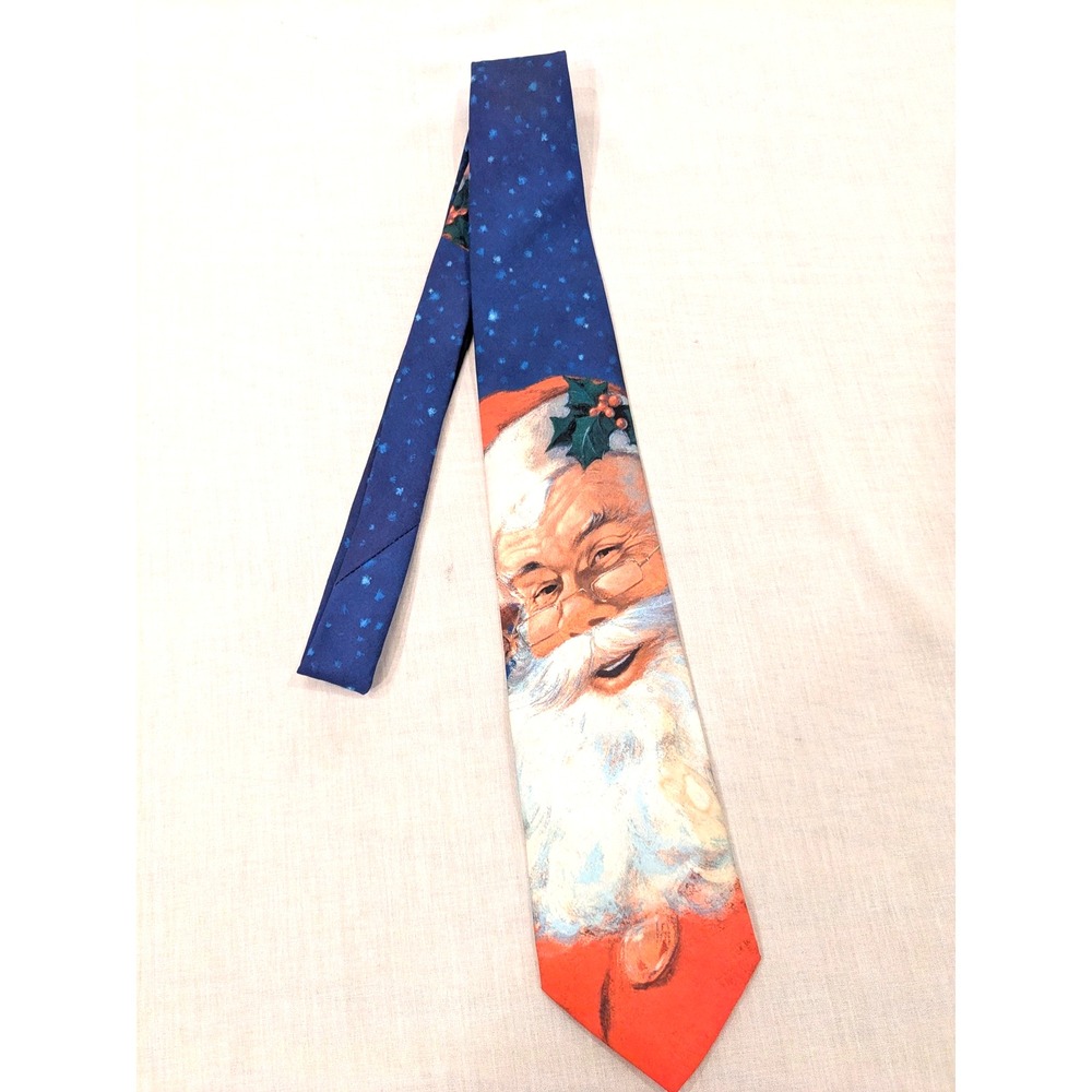 Vintage Ralph Marlin Tie‎ Mens Blue Red Big Santa Christmas Necktie Made USA 90s